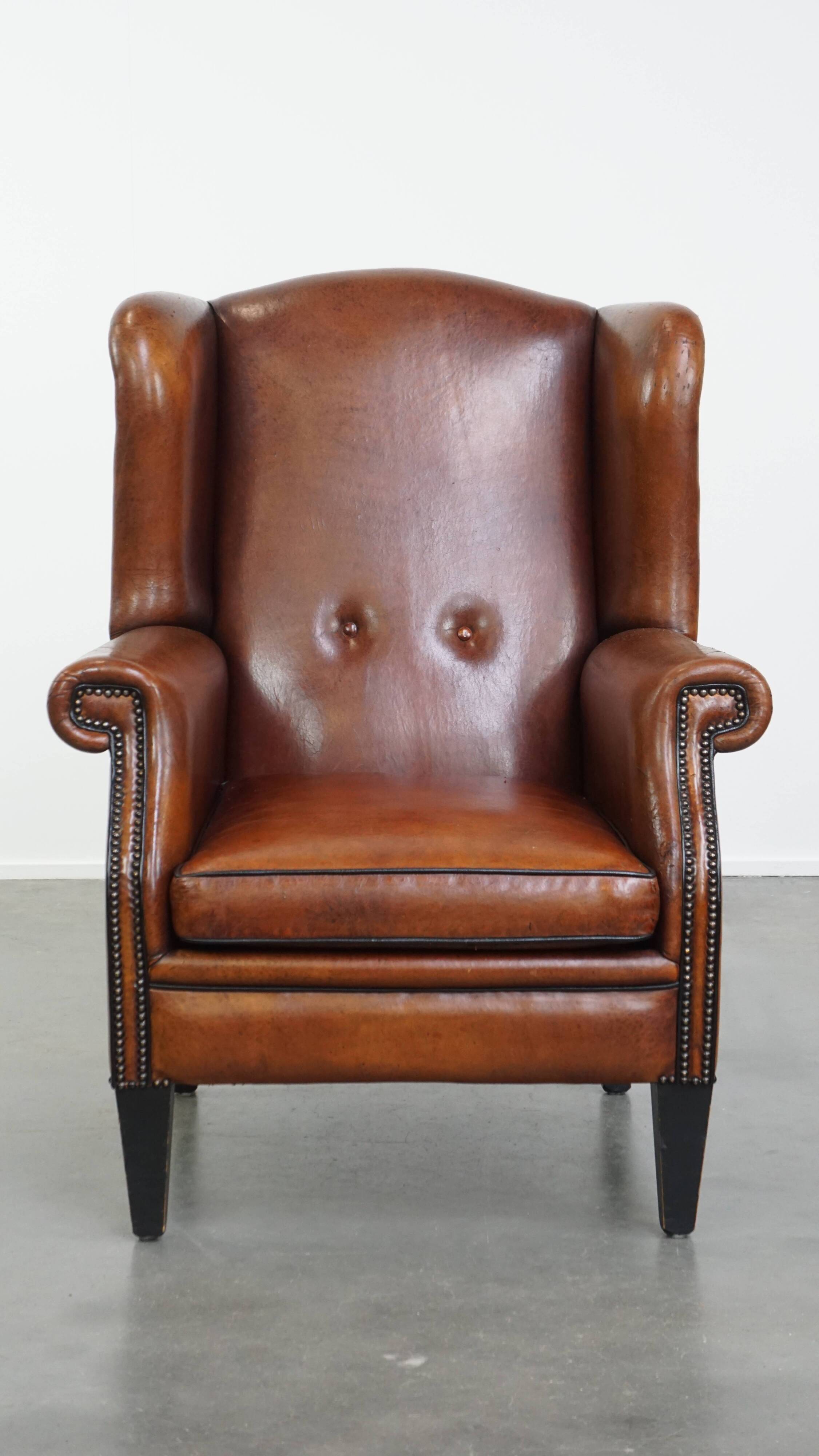 Large Vintage Sheepskin Leather Wingback Chair