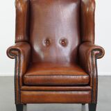 Large Vintage Sheepskin Leather Wingback Chair
