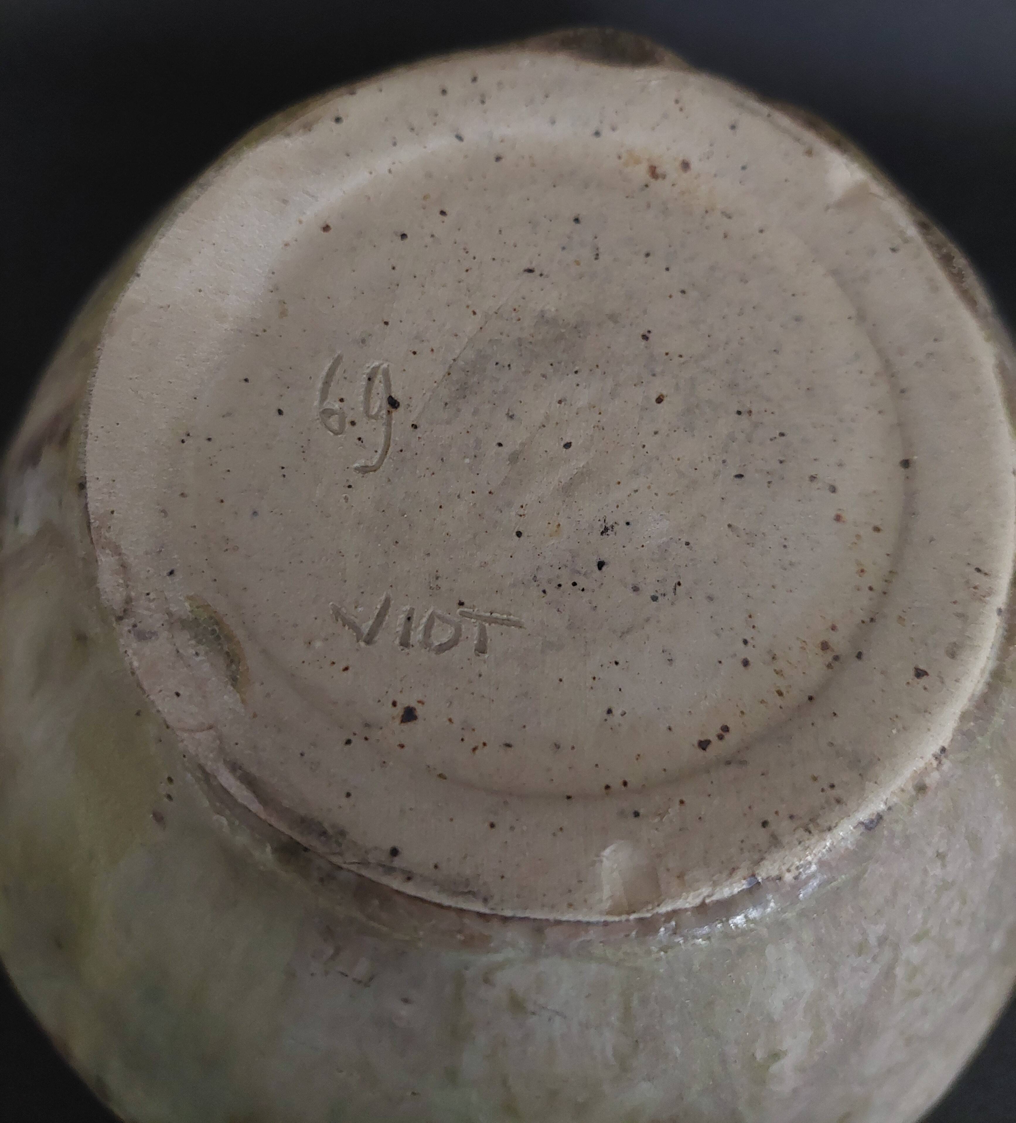 20th century ceramic tea light holder, La Borne stoneware, signed Jean Pierre Viot, dated 196