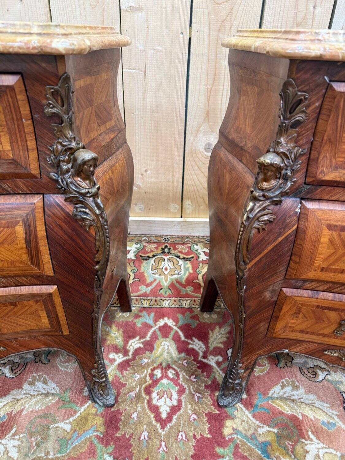 Pair of small bombe chests – Louis XV style – Marquetry & Marble –