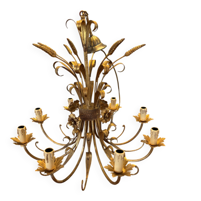 Grand lustre métal doré, Hans Kögl style – épis de blé et fleurs – 8 feux