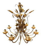 Large golden metal chandelier, Hans Kögl style – wheat ears and flowers – 8 lights
