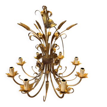 Grand lustre métal doré, Hans Kögl style – épis de blé et fleurs – 8 feux