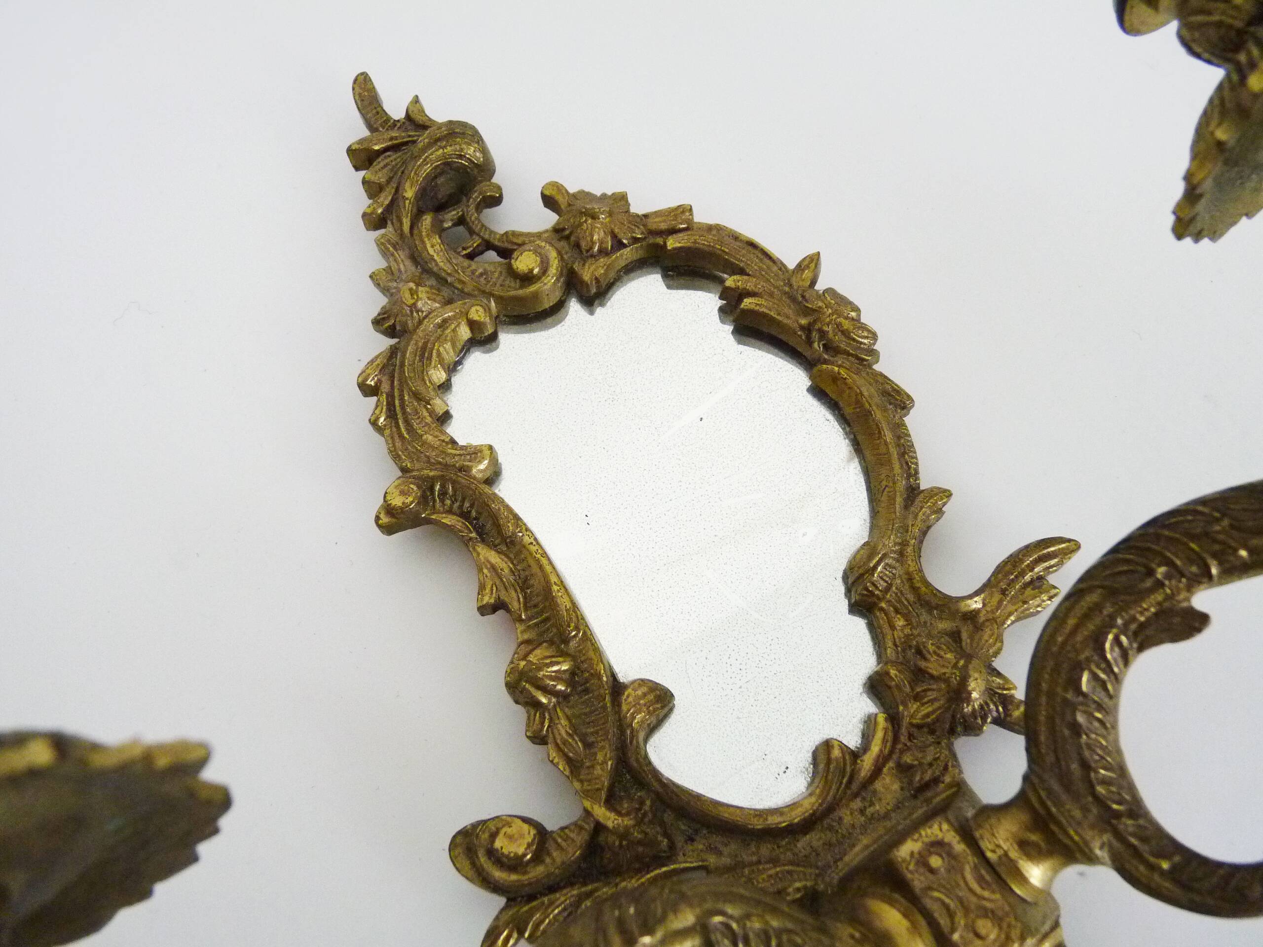 Pair of vintage bronze wall sconces with mirror and 2 candles. 1960s