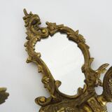 Pair of vintage bronze wall sconces with mirror and 2 candles. 1960s