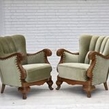 1960s, Danish armchair, green furniture velour, carved oak wood.