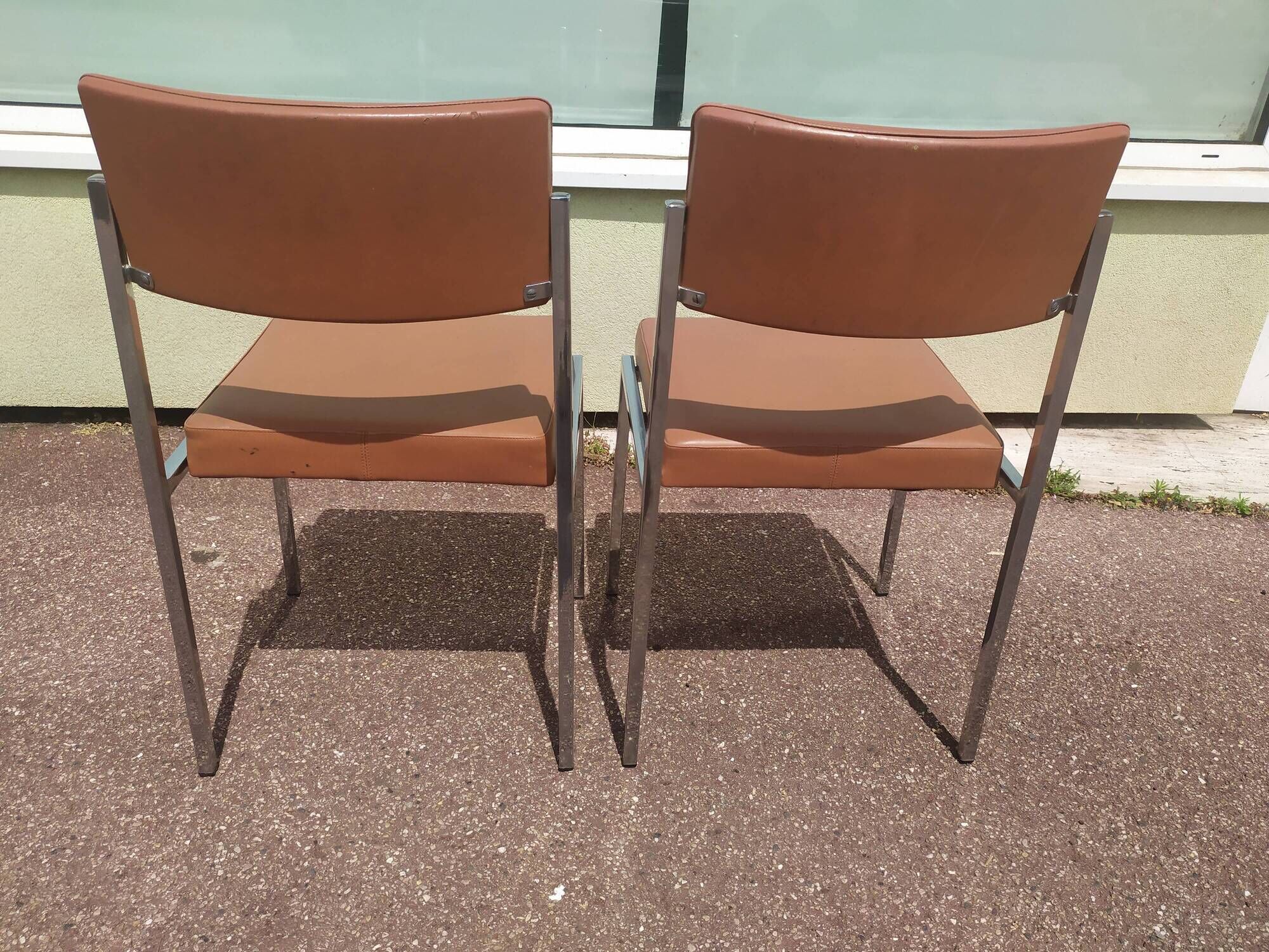 Pair of office chair oem strafor vintage 1960 - chrome skaï brown