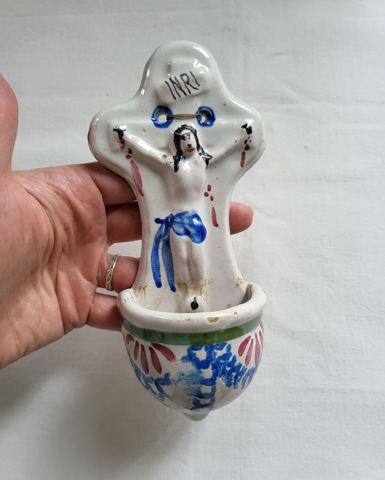 Ancient Faience Baptismal Font Enamelled Cross INRI
