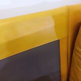 Suite de 3 chauffeuses Roche Bobois vintage en cuir jaune moutarde années 70