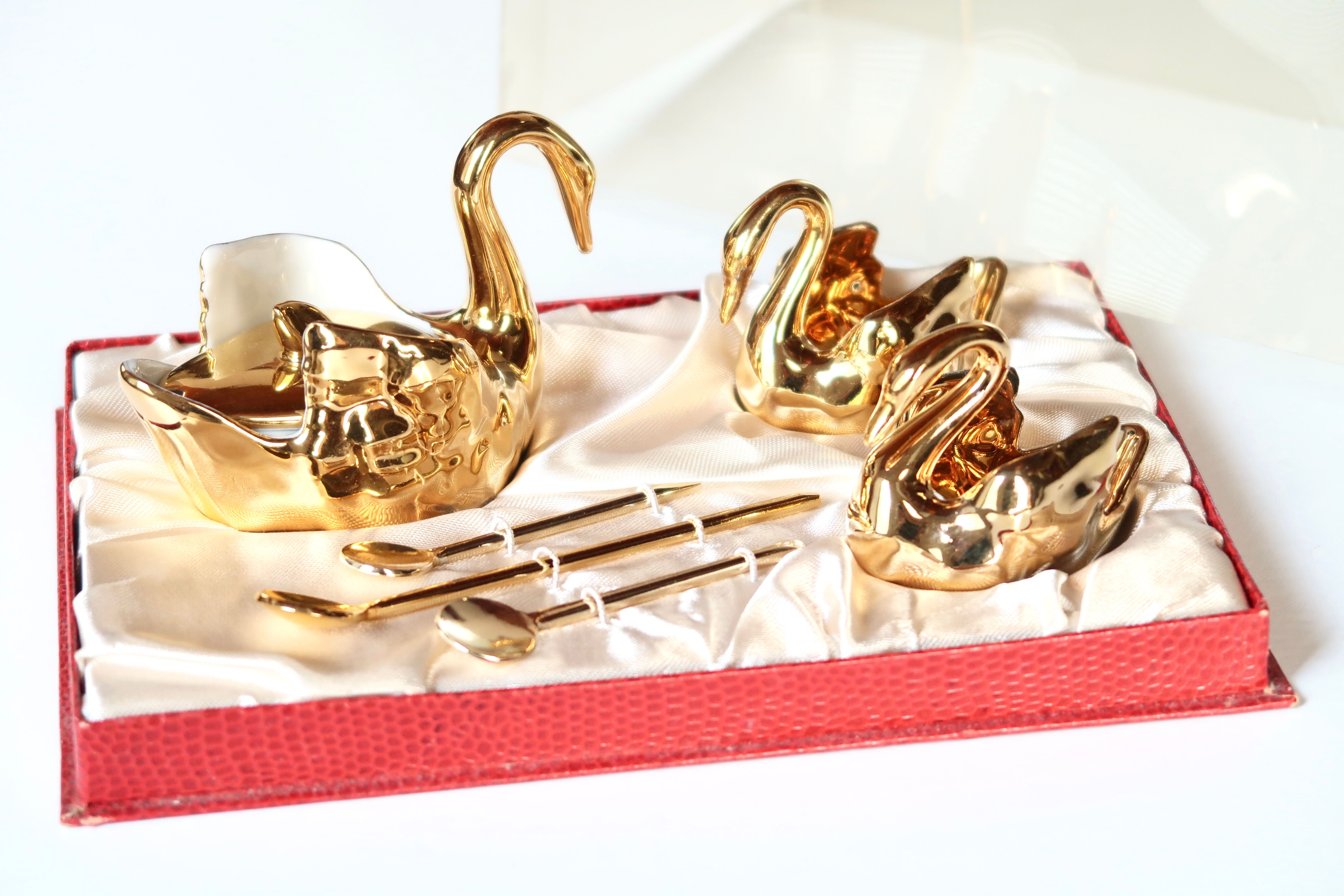 Trio of salty swans in Limoges porcelain, 50s