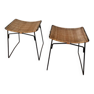 Paire de tabourets Raoul Guys pour Airborne en osier 1950
