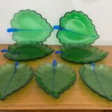 Set of 7 Vintage Green Leaf Shape Blown Glass Coupe Plates #C053