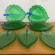 Set of 7 Vintage Green Leaf Shape Blown Glass Coupe Plates #C053