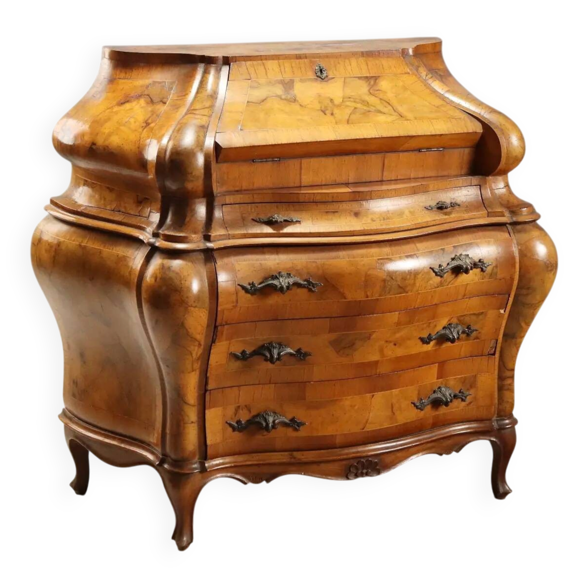 Antique drop-leaf secretary in baroque style made of walnut and maple, 20th century.