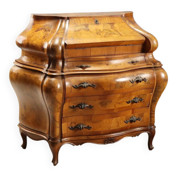 Secrétaire ancien à abattant style baroque en noyer et érable, XXe siècle