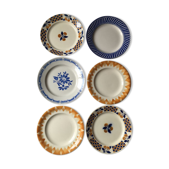 Six dinner plates don't match in brown and blue