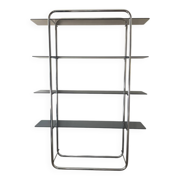 Étagère style Bauhaus en chrome tubulaire et verre fumé années 70