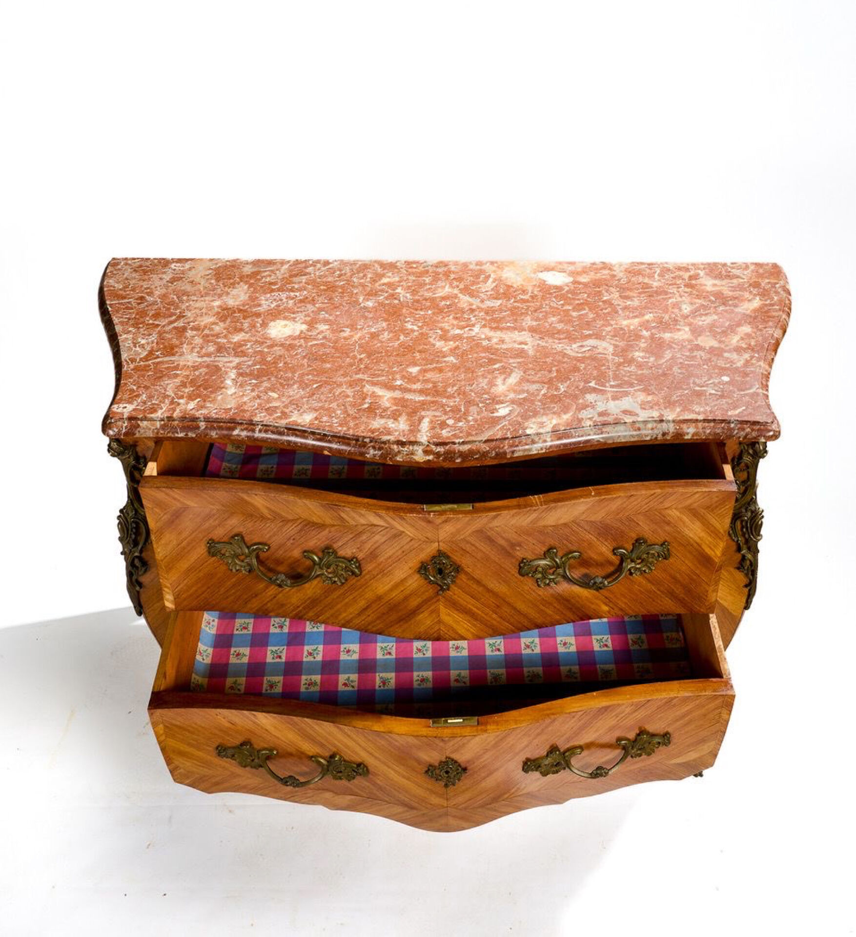 Curved Louis XV style commode in rosewood and red marble, fine.