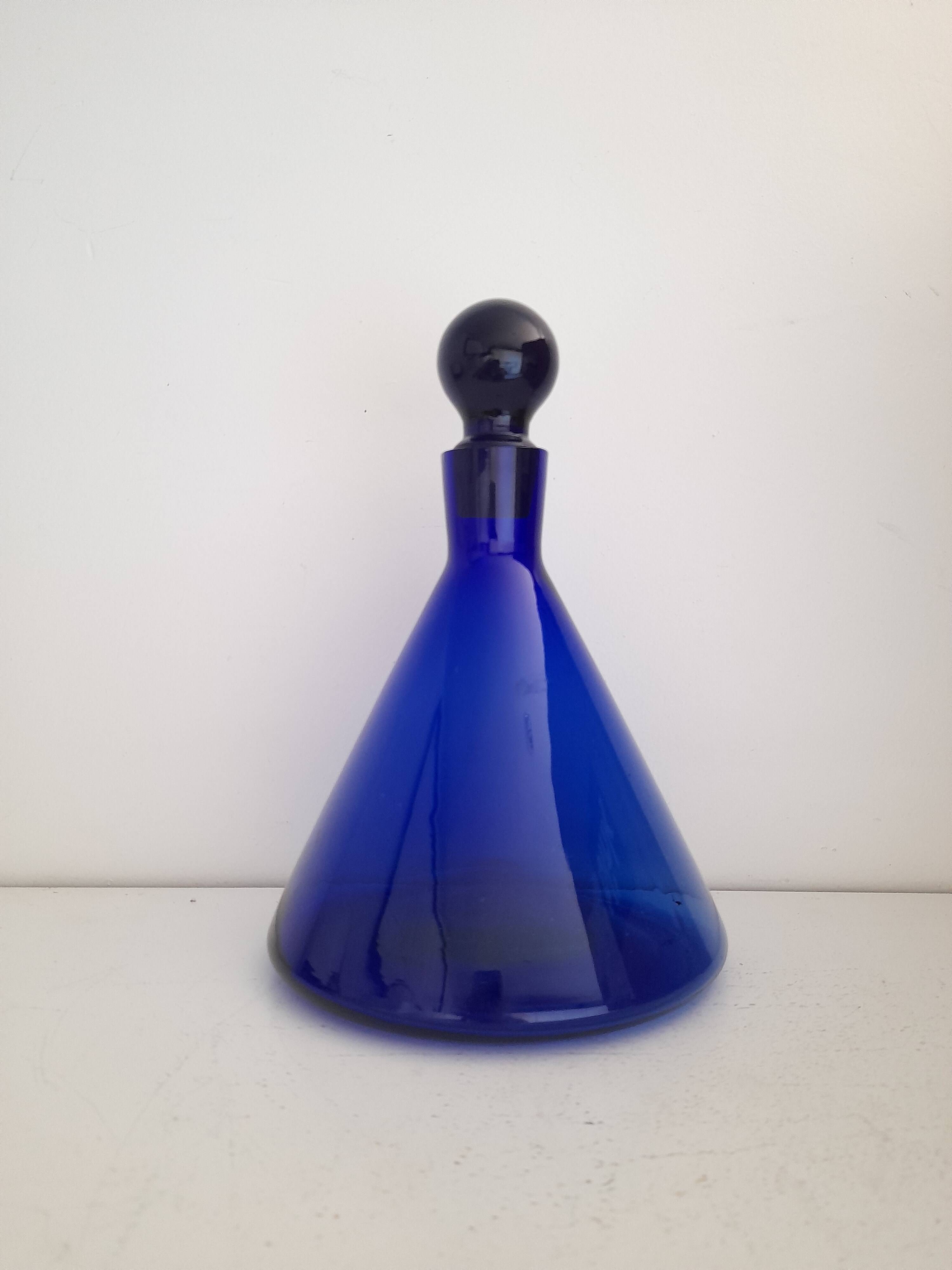 Vintage blue glass pyramid carafe from the 80s