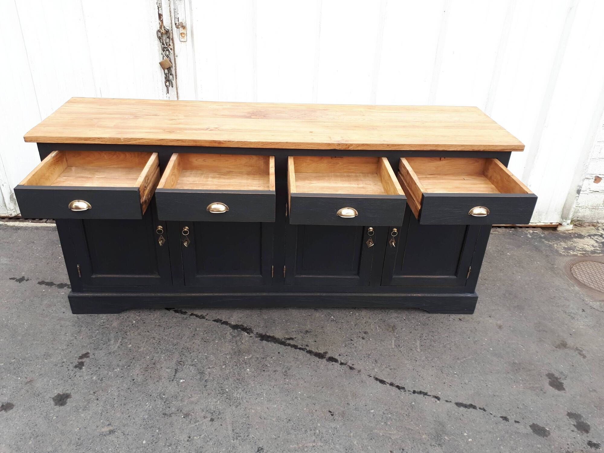Industrial buffet four doors and four drawers black handles brushed brass patina