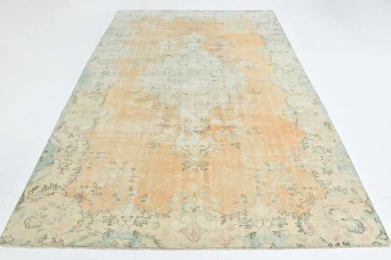7x10 Vintage Turkish Rug, Orange Beige Floral Rug, Faded Wool Cotton Area Rug