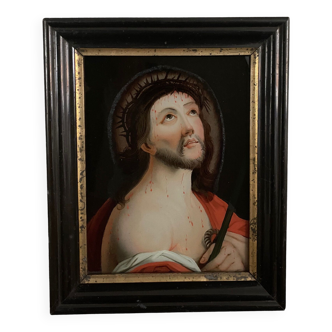 Fixed under glass late eighteenth century Christ imploring natural wood frame