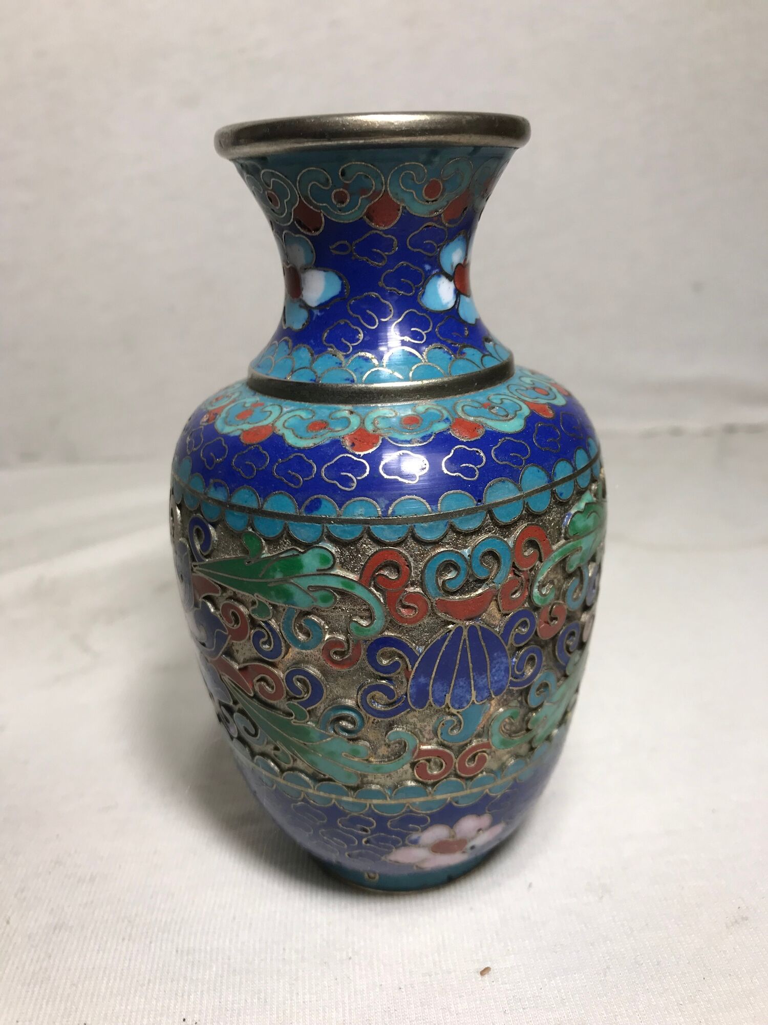 Old Vase Cloisonne enameled flowers designs Metal Decoration Vintage #3