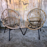 Pair of children's armchair rattan shell & metal foot black vintage