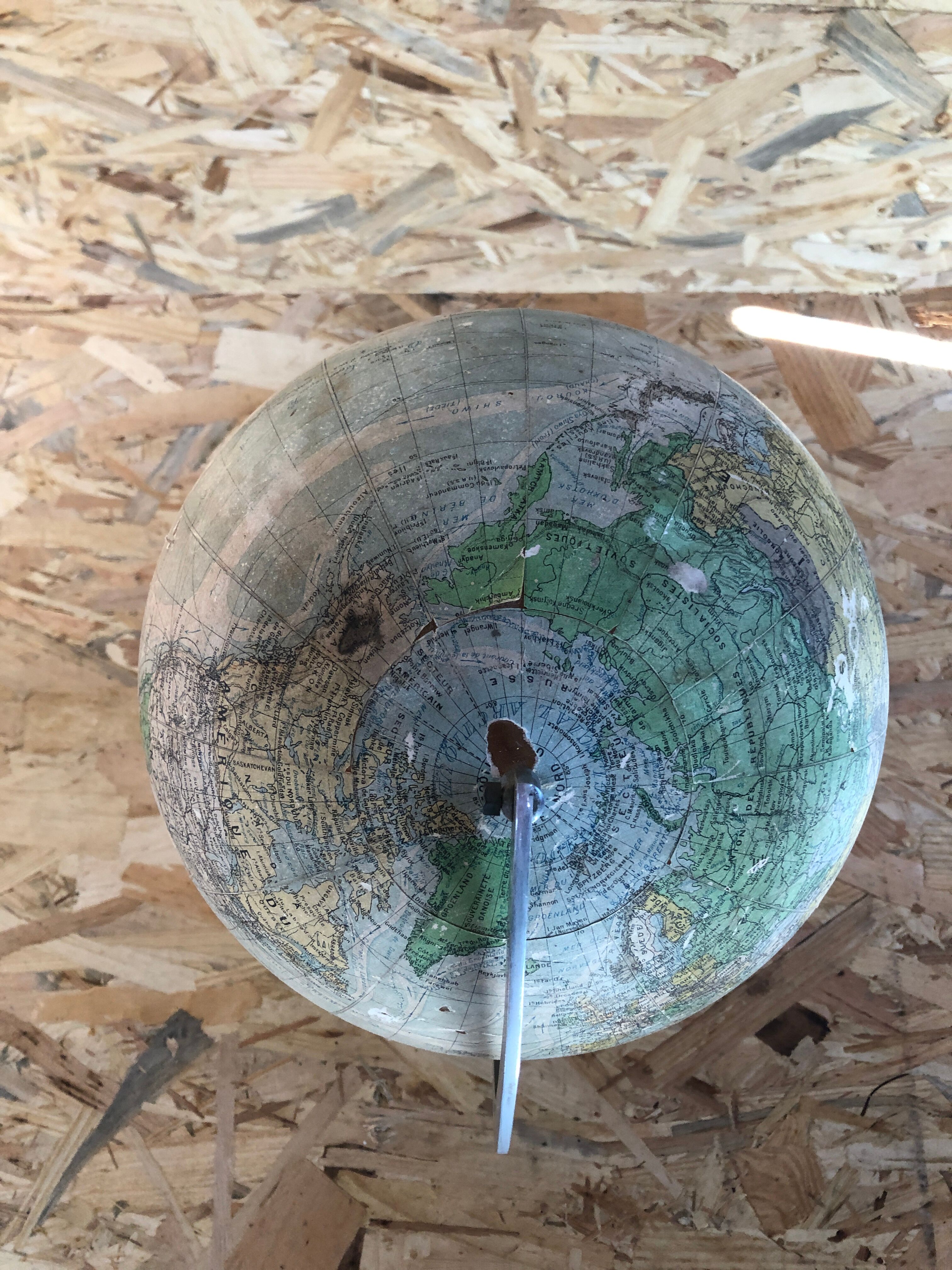 Old terrestrial globe world map perrina paris glass vintage metal foot