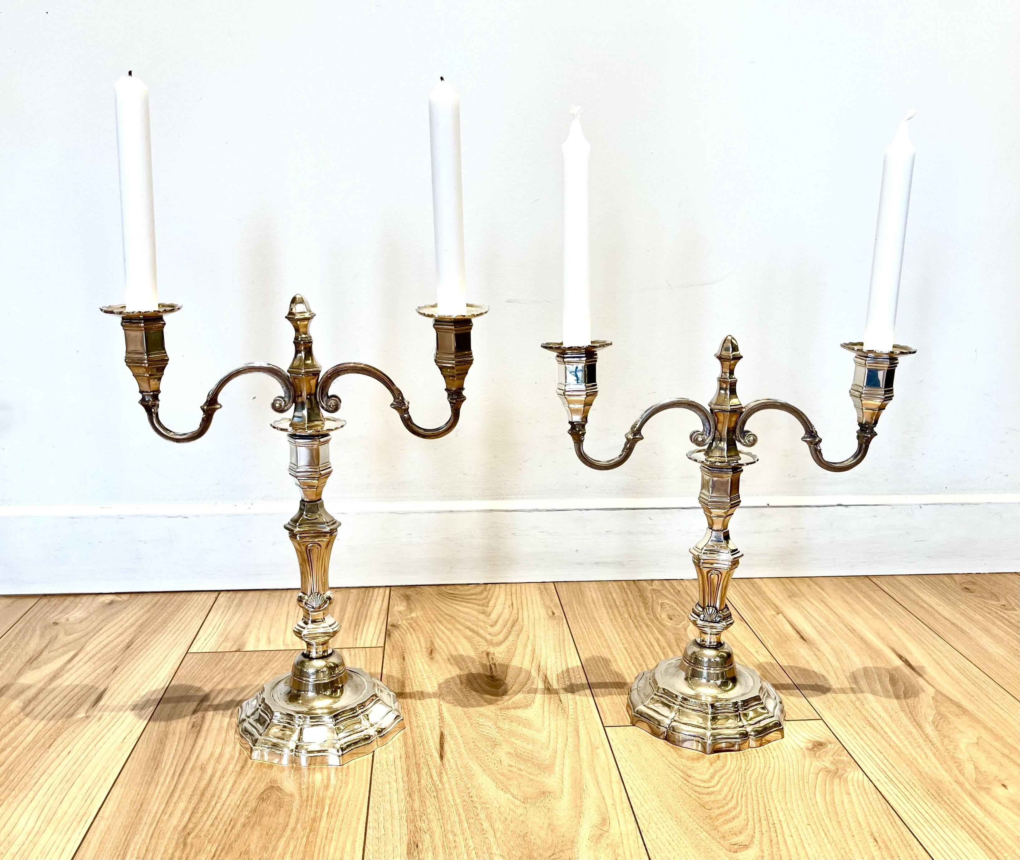 Pair of silver-plated metal candelabra in the Regency style