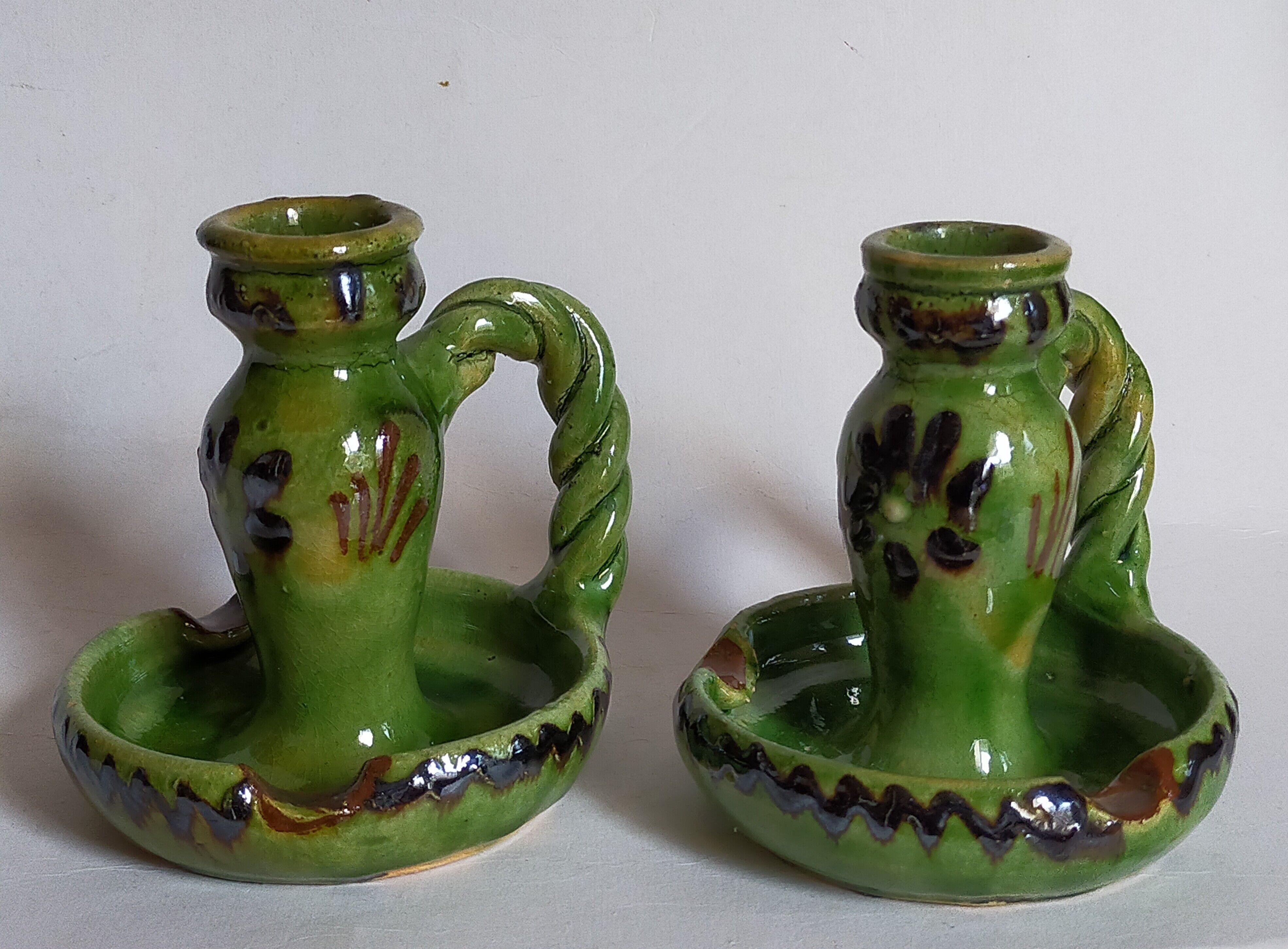 Duo of vintage potter's ceramic candle holders Regional Folk Art