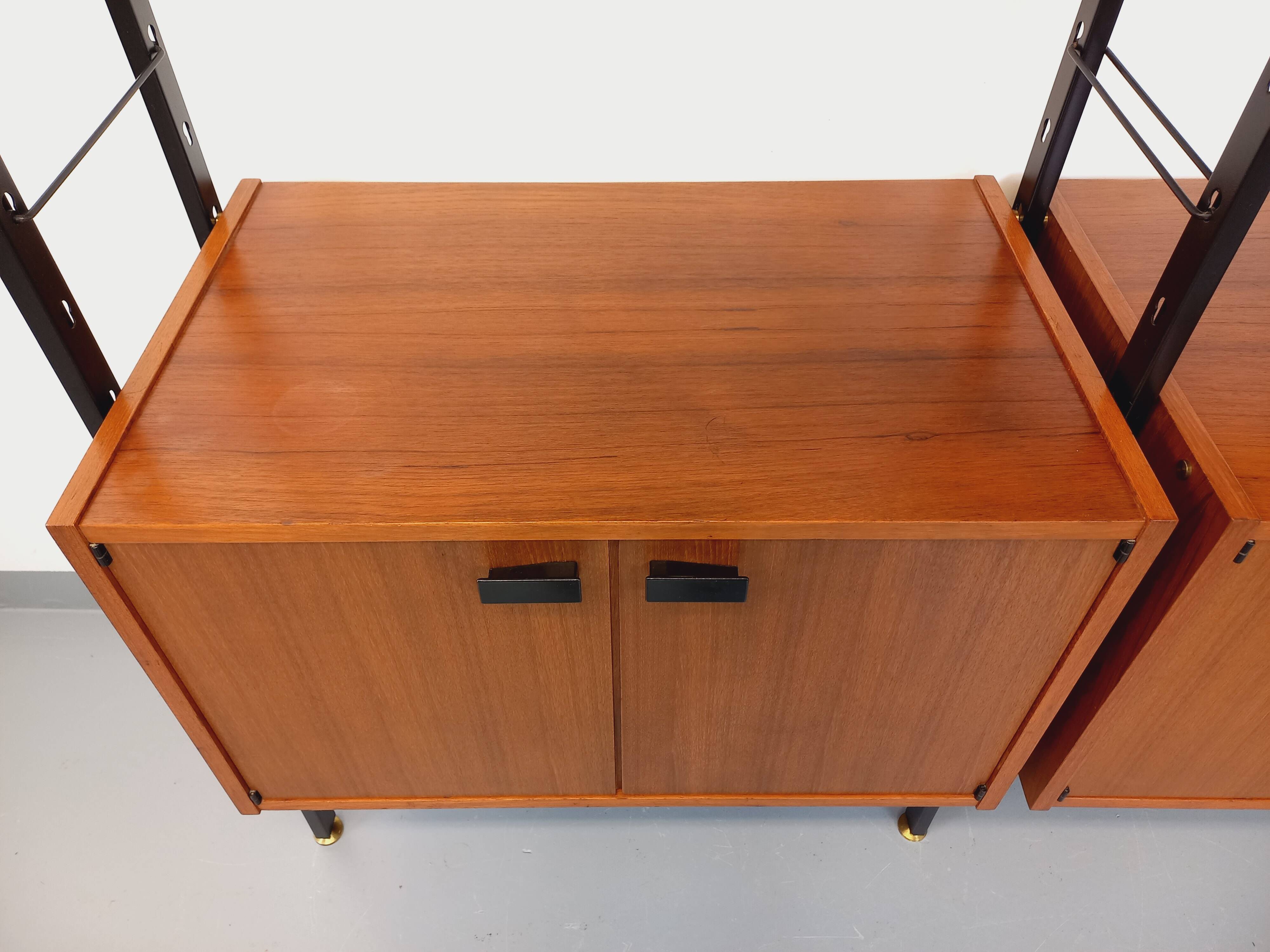 Vintage Italian double modular shelf bookcase in teak and metal