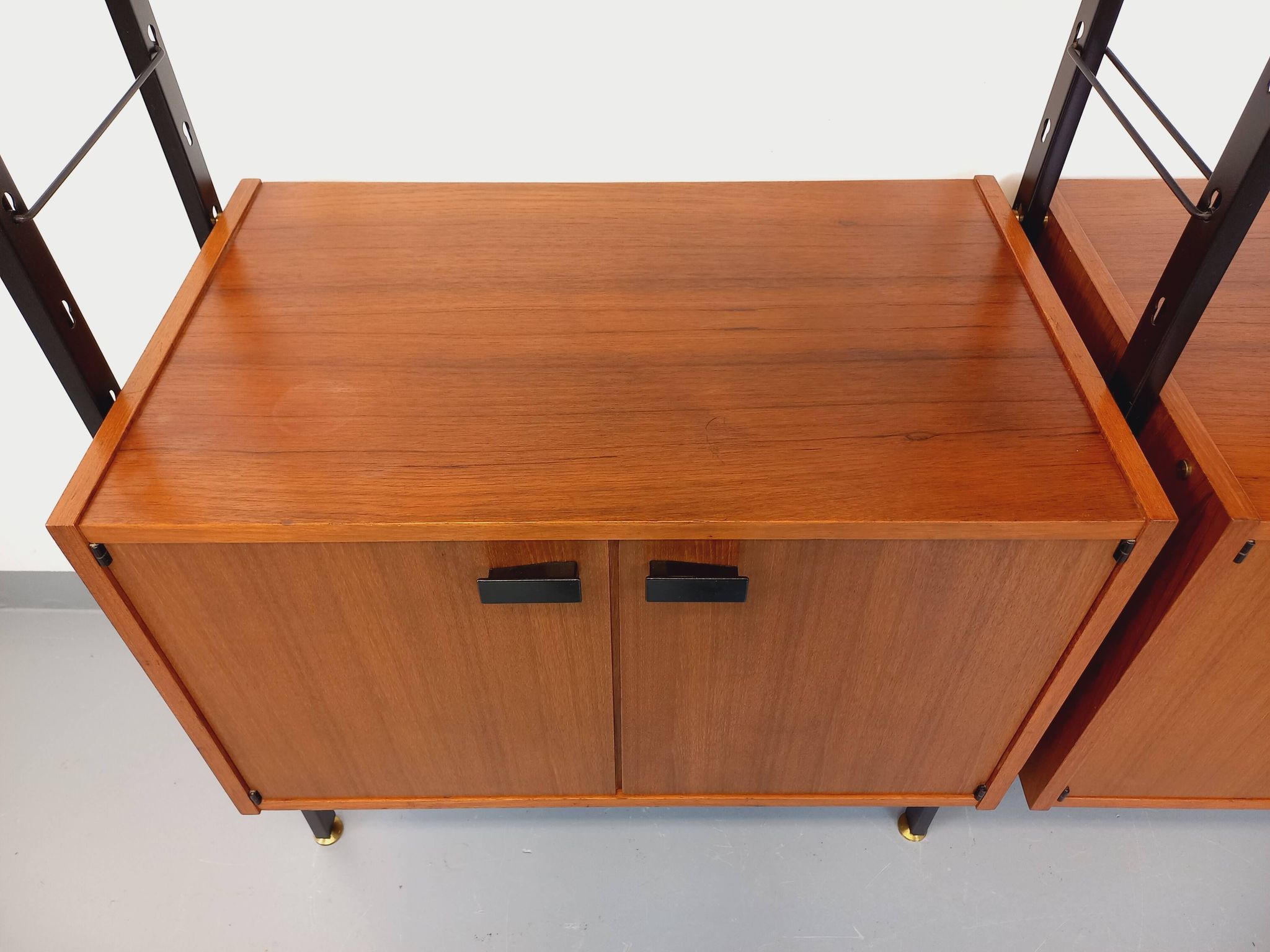 Vintage Italian double modular shelf bookcase in teak and metal