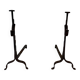Pair of wrought iron andirons with adjustable supports and tripod feet.
