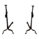 Pair of wrought iron andirons with adjustable supports and tripod feet.