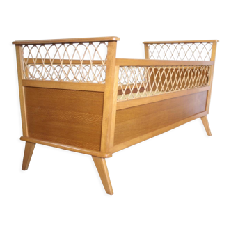 Wooden and rattan cot