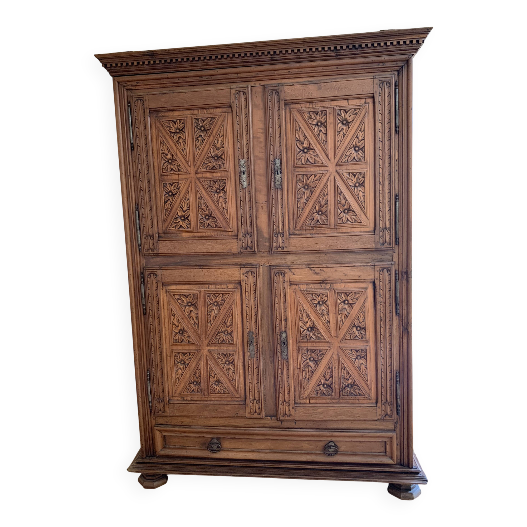 18th-century carved wardrobe, 4 doors, oak/cherry wood