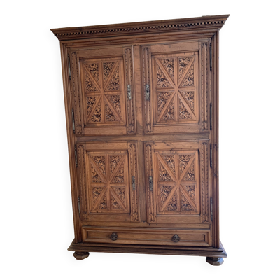 Armoire XVIIIe sculptée, 4 portes, chêne/merisier