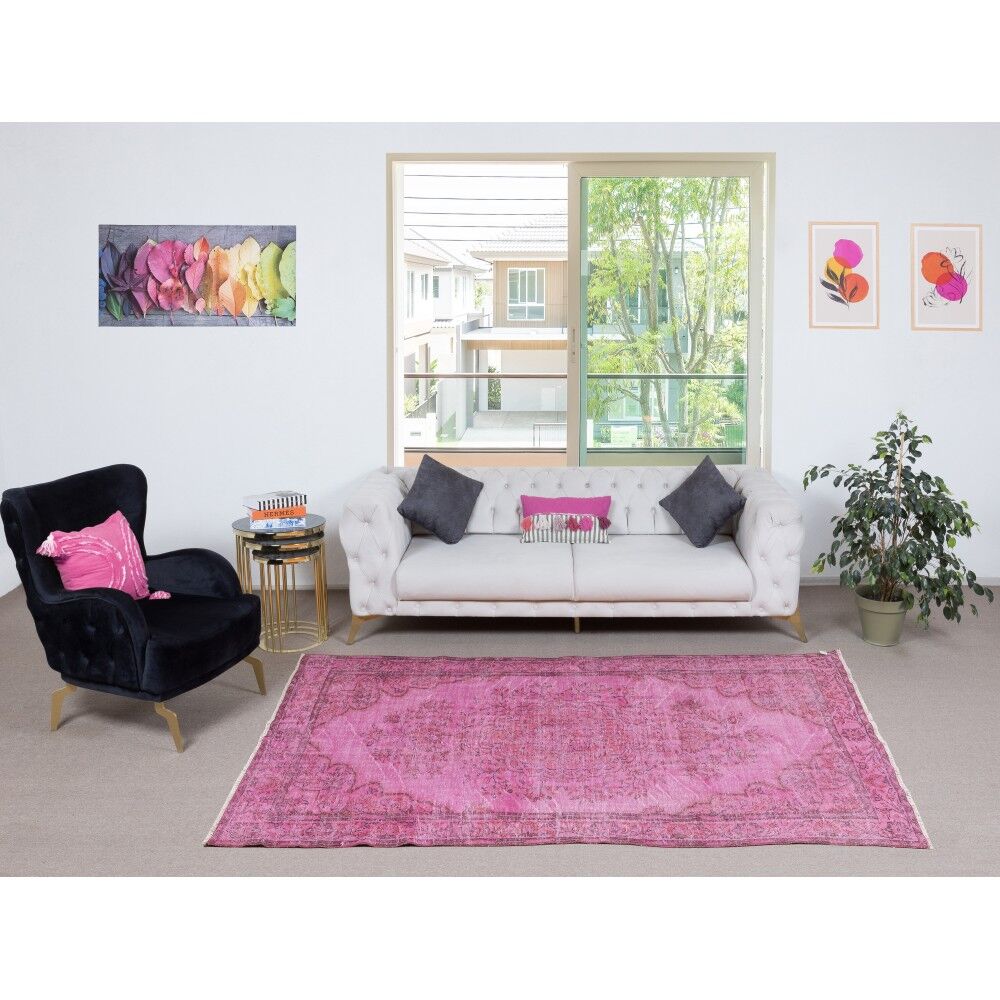 Vintage Handmade Turkish Wool Area Rug Overdyed in Pink for Contemporary Interiors
