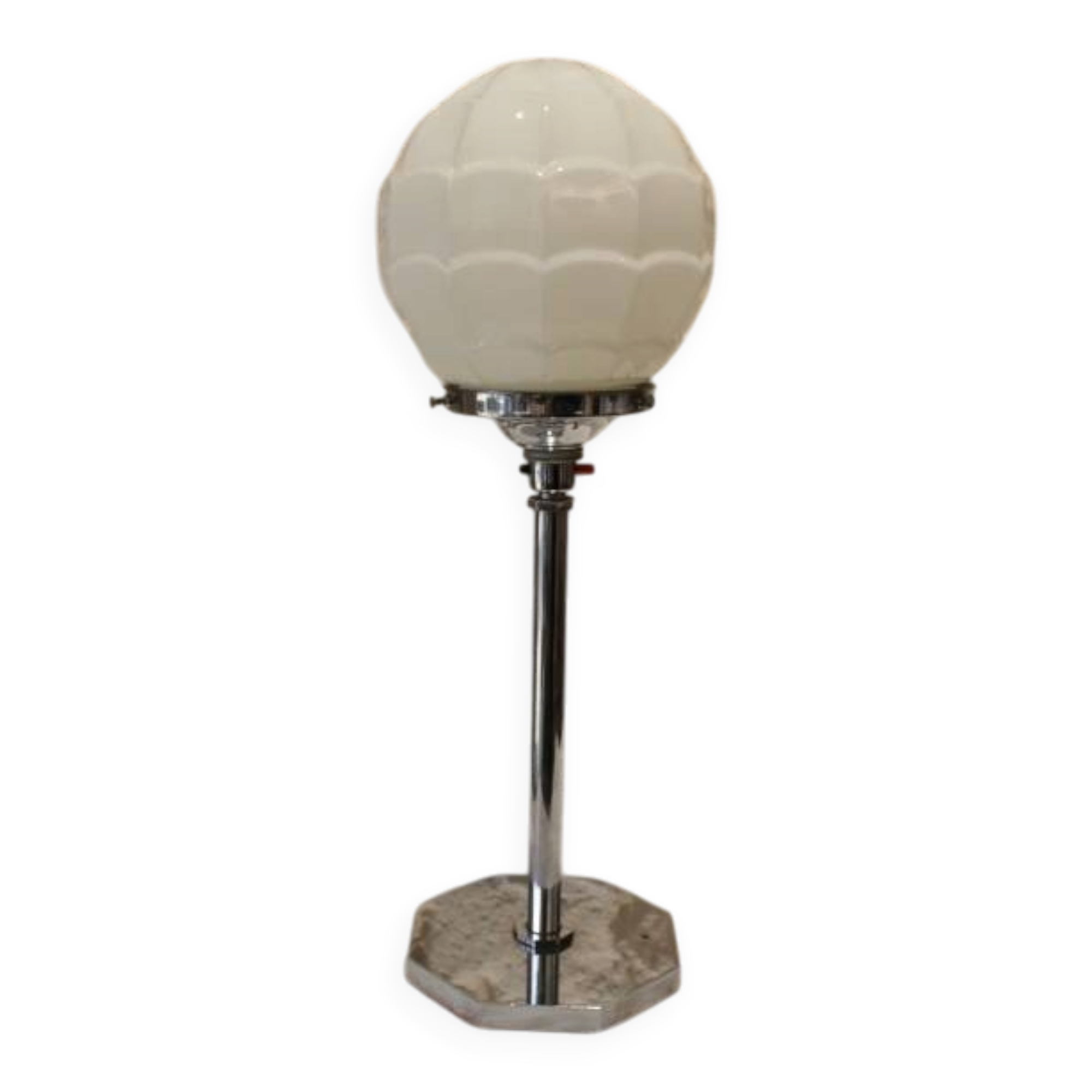 Chrome metal lamp with glass globe, Art Deco style, 20th century period.