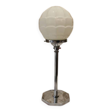 Chrome metal lamp with glass globe, Art Deco style, 20th century period.