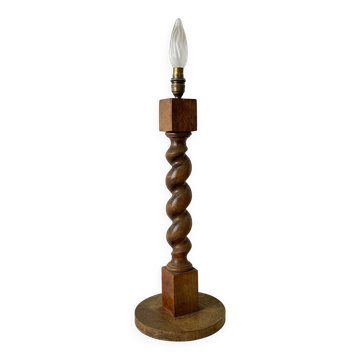 Grand pied de lampe rustique en bois tourné années 50 vintage