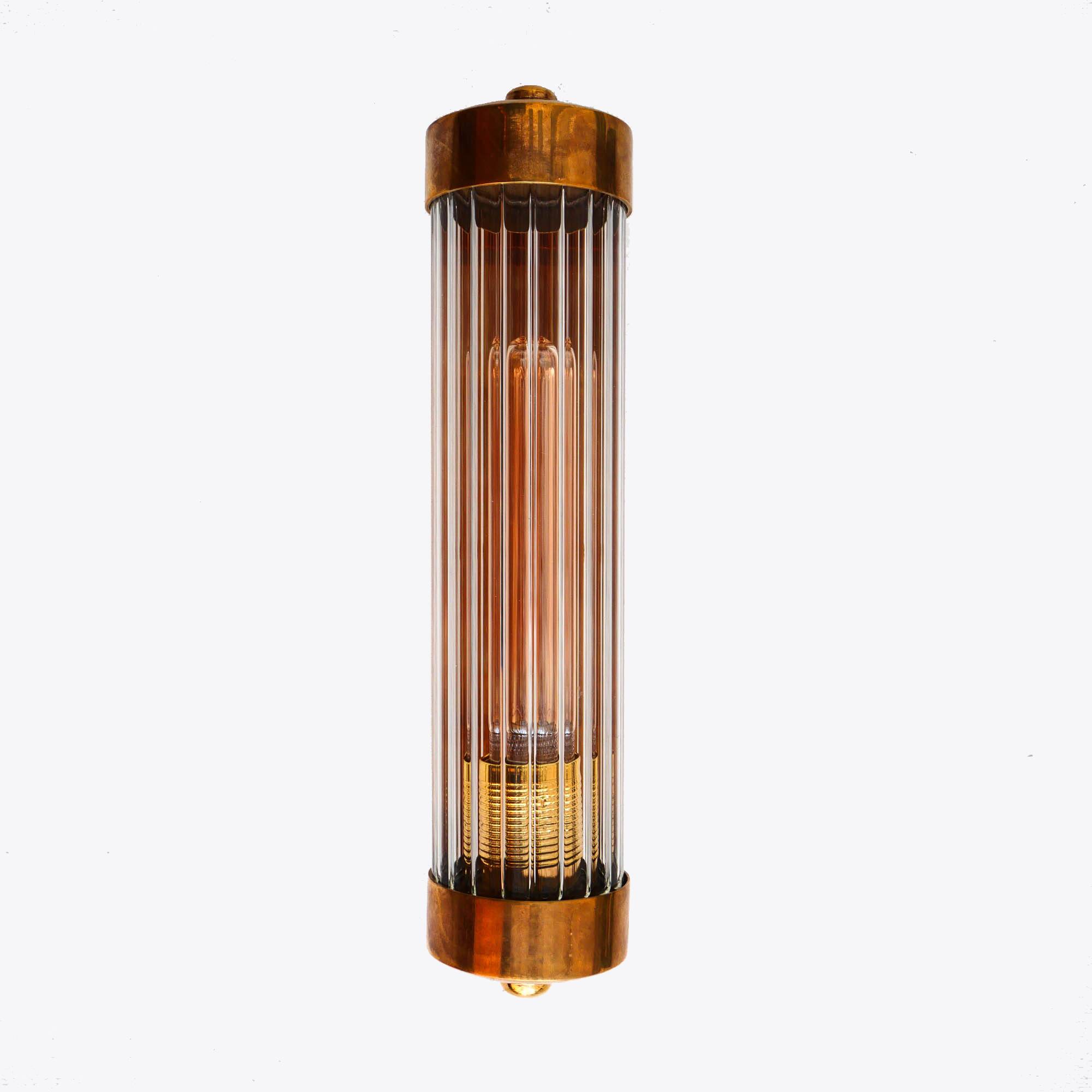Cylindrical wall light with streaked glass and brass