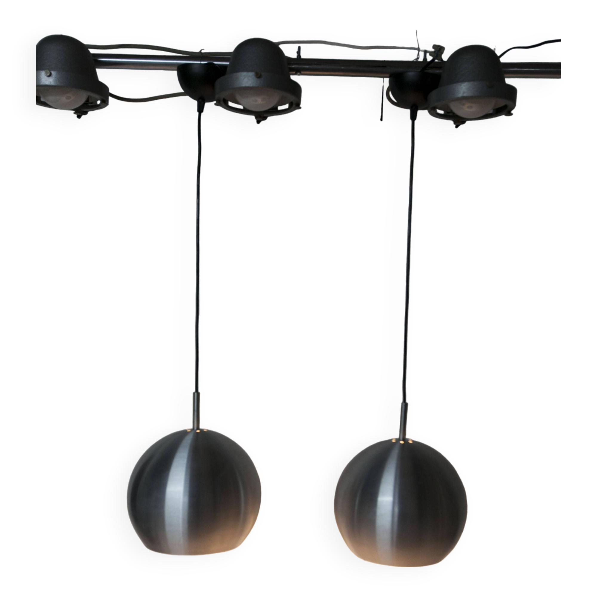 Pair of functional 70's aluminum ball pendants