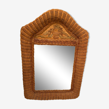 Wicker rattan mirror and carved insert 60s, 75x53 cm