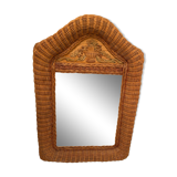 Wicker rattan mirror and carved insert 60s, 75x53 cm