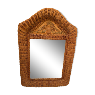 Wicker rattan mirror and carved insert 60s, 75x53 cm