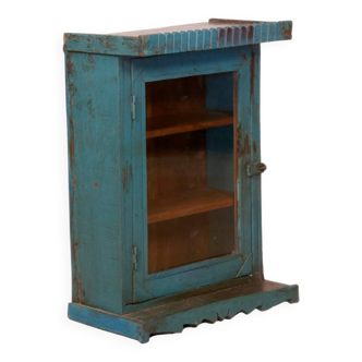 Art Deco wall display case in Burmese teak with original blue patina