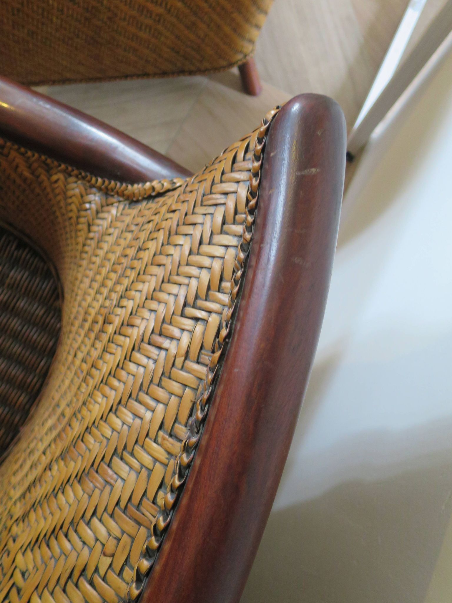 Set of 2 armchairs in woven rattan and exotic wood, 1980s