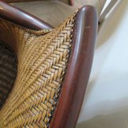 Set of 2 armchairs in woven rattan and exotic wood, 1980s